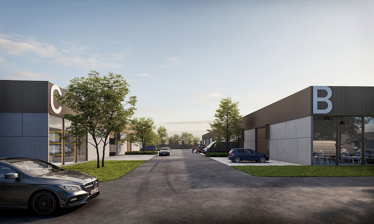 Een weergave van het businesspark. Voorziene oplevering Q1 2020 - Q4 2021.