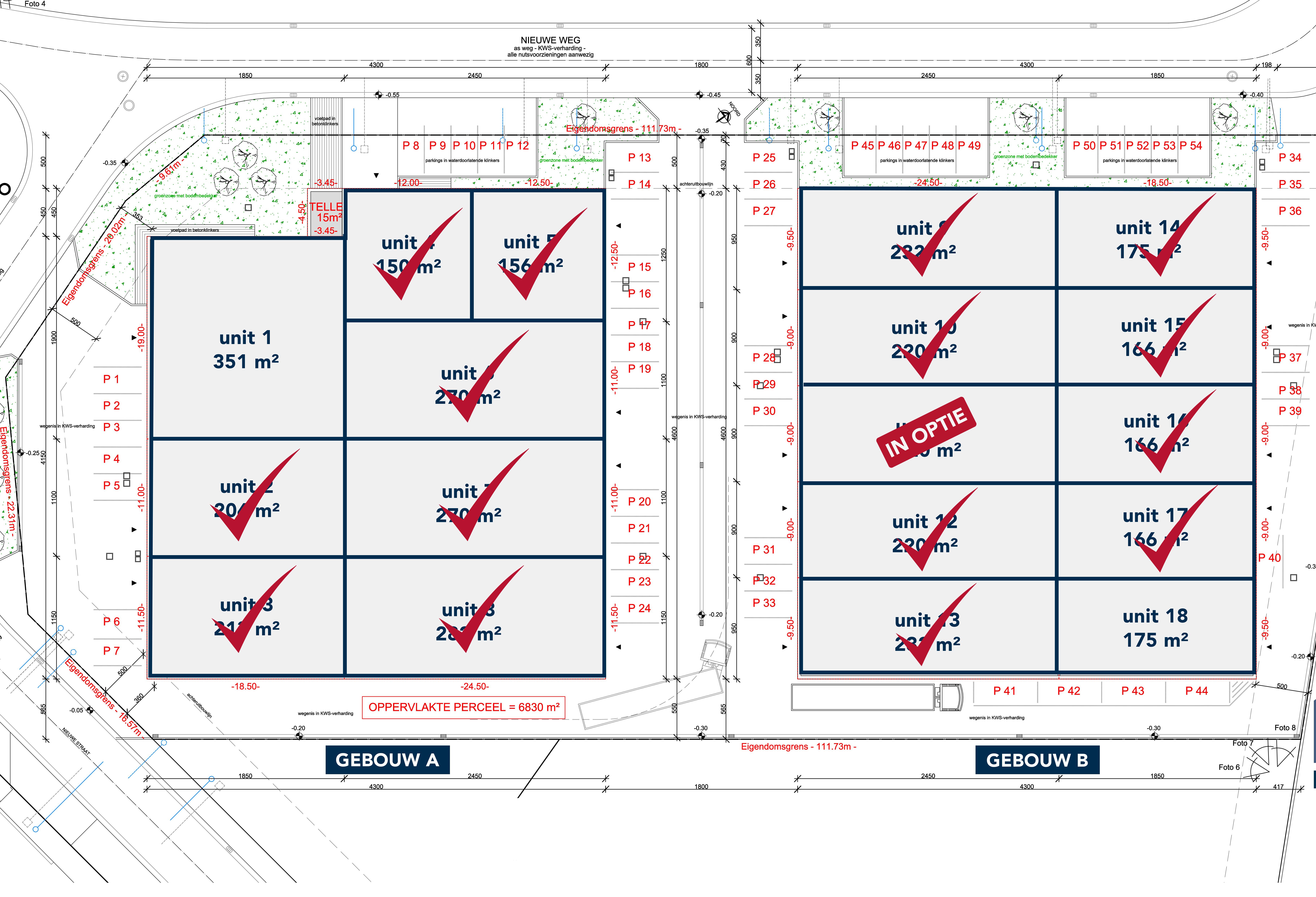 Unit 1 (351 m²) en unit 18 (175 m²) zijn beschikbaar. Unit 11 (220 m²) staat onder optie.